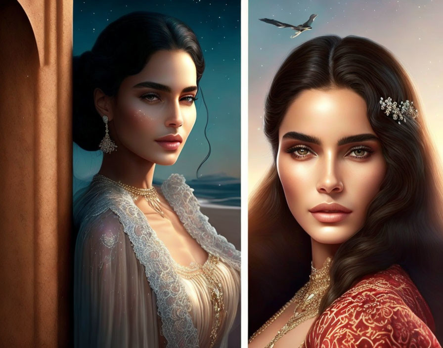 Digital art diptych of woman with dark hair in twilight scene and soft background