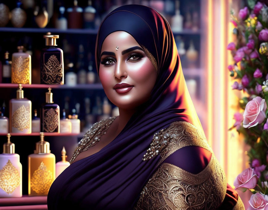 Digital artwork of woman in hijab with henna, jewelry, shelves, bottles, and flowers