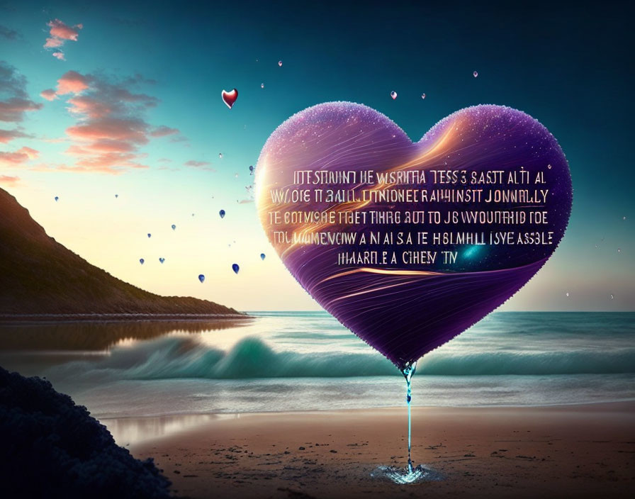 Heart-shaped balloon with text above tranquil beach scene at sunset