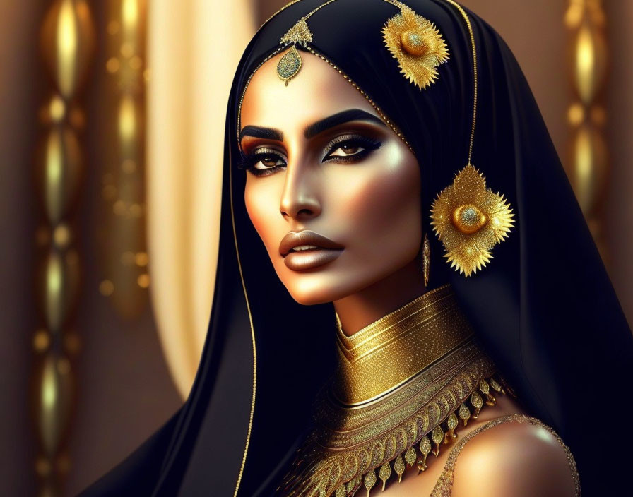 Digital illustration: Woman with dramatic makeup and South Asian gold jewelry on beige backdrop