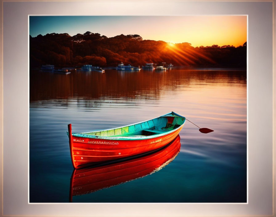 Tranquil sunset scene with red boat on calm lake