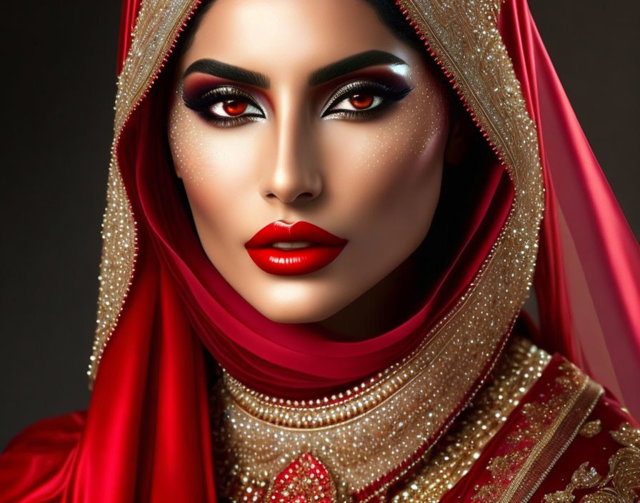 Woman with Red Lipstick and Dark Eyeshadow in Red Hijab with Gold Details