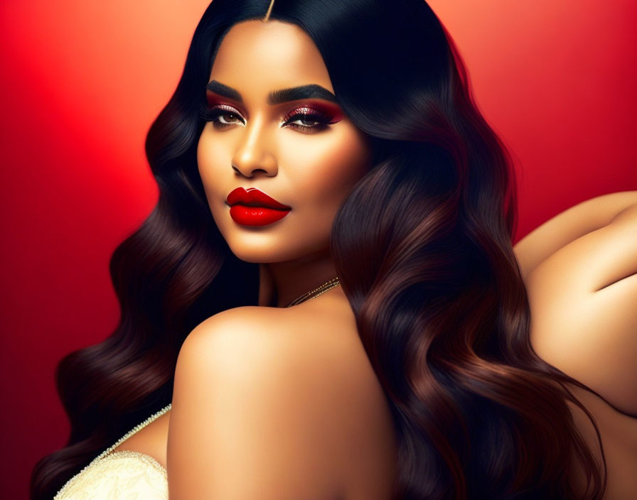 Digital artwork: Woman with dark hair, red lipstick, dramatic makeup on red background