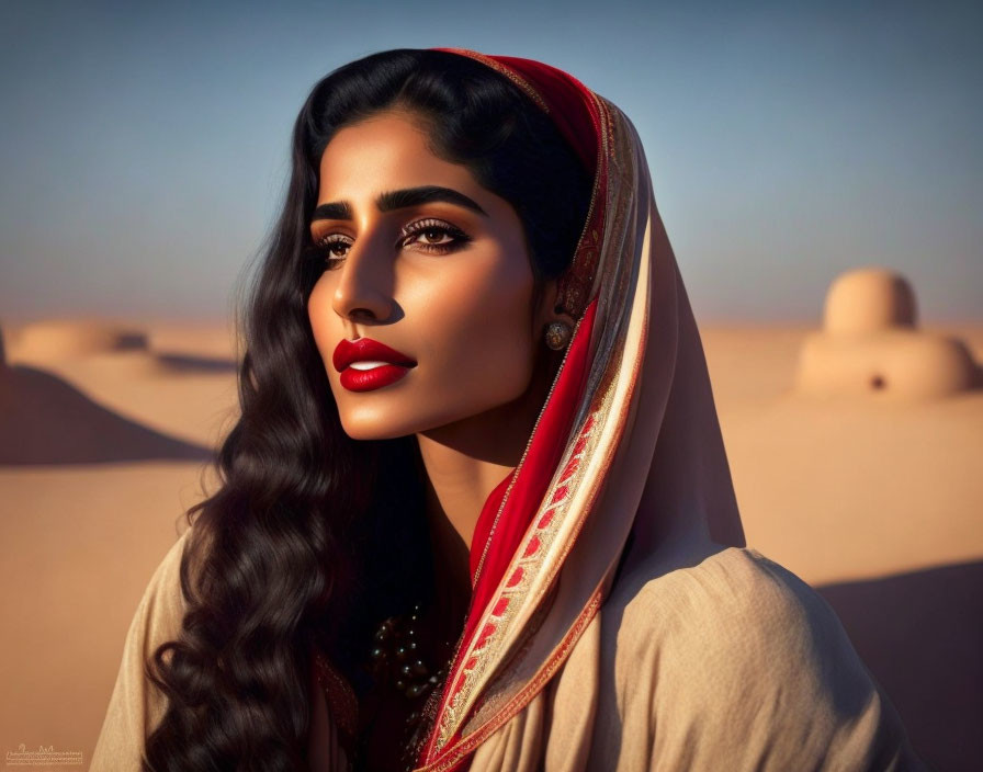 Dark-haired woman in red headscarf with red lipstick in desert scene