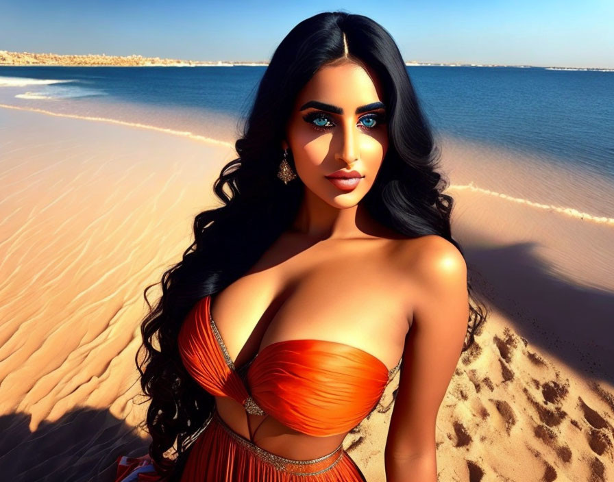 Digital artwork of woman with black hair, blue eyes, orange dress on beach.