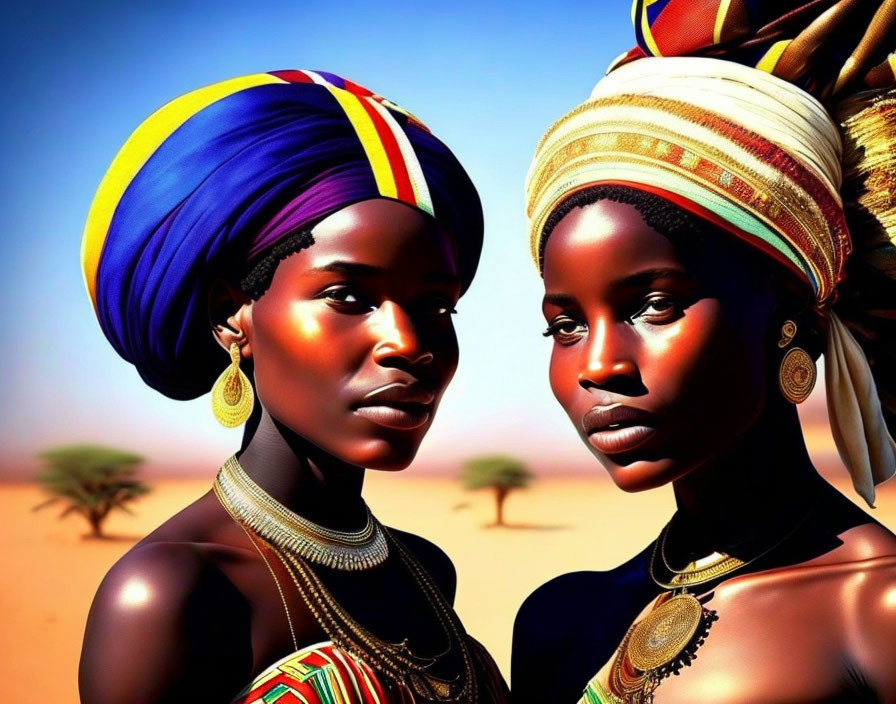 Colorful Headwrap Women in Desert Setting with Traditional Jewelry