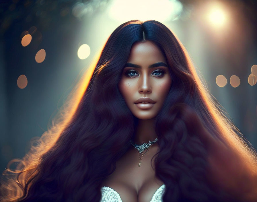 Woman with long wavy hair and blue eyes in white outfit with sparkling necklace, backlit by golden