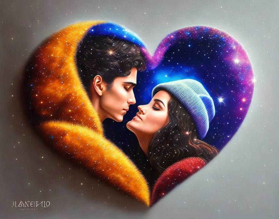 Romantic couple digital illustration in cosmic heart-shaped frame