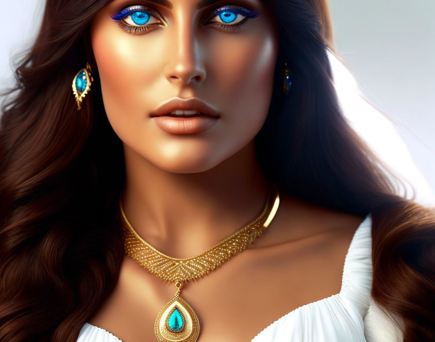 Portrait of woman with blue eyes, brown hair, gold and turquoise jewelry on light background