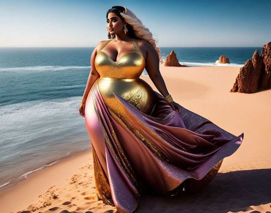 Plus-Size Woman in Gold and Purple Dress Poses on Beach