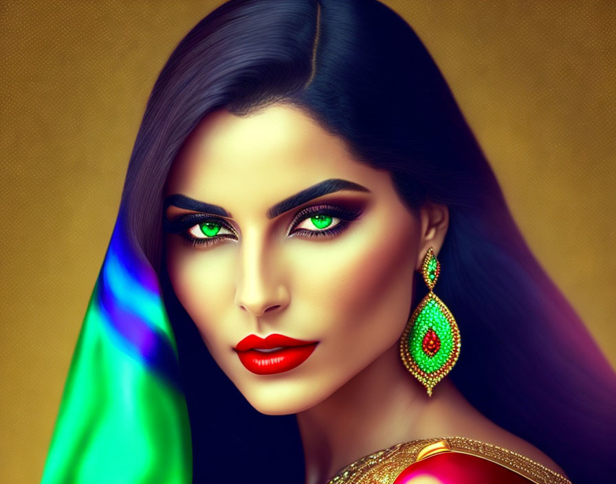 Portrait of a woman with green eyes, red lipstick, and colorful shawl