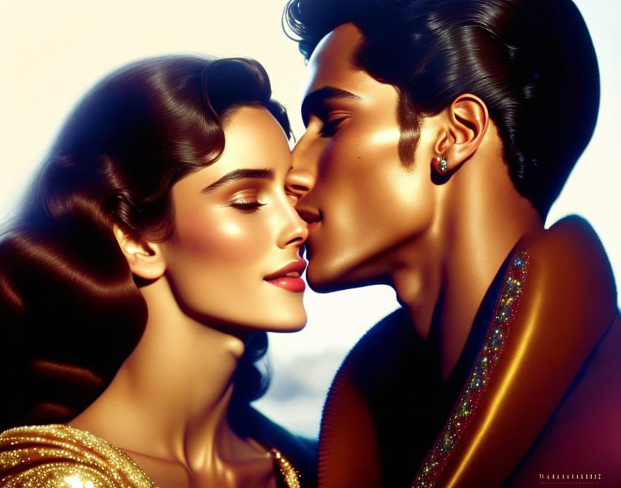 Romantic couple in gold and sparkly attire against soft light background