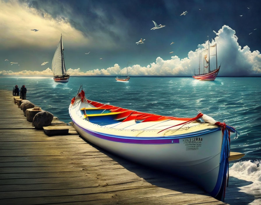 Vibrant boat on wooden jetty with sailing ships in dramatic seascape