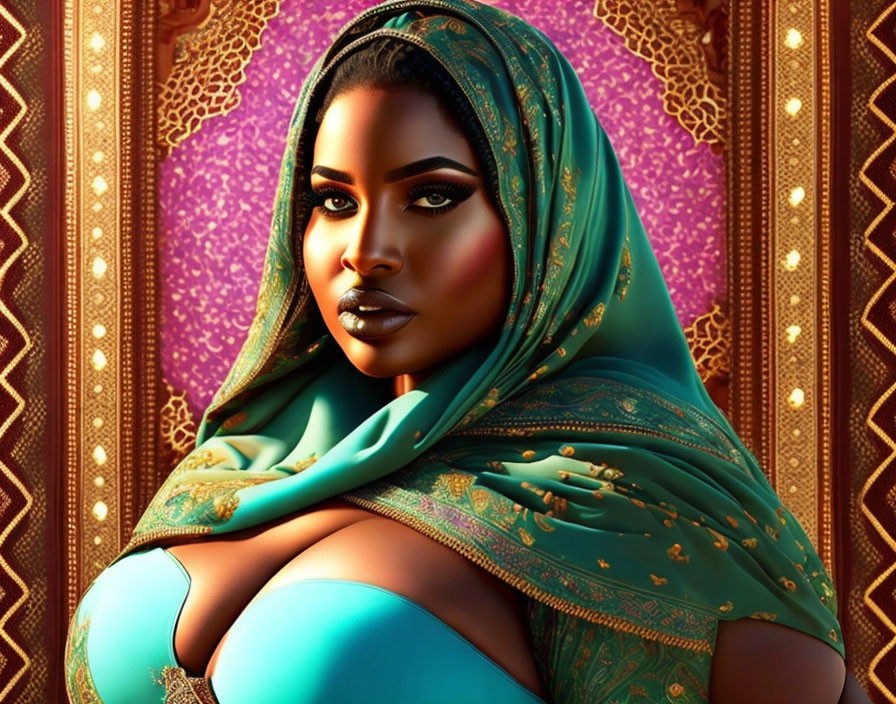 Detailed illustration of woman with green and gold headscarf, makeup, and jewelry on decorative backdrop