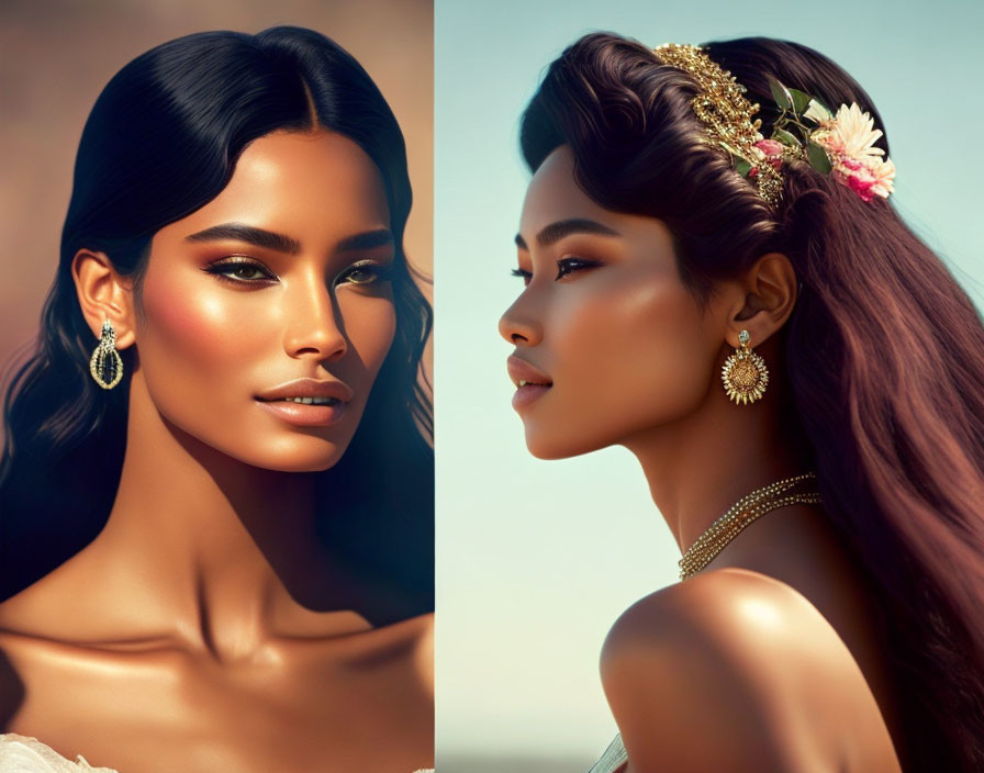 Portrait of a woman with makeup and jewelry in two views: front and profile with floral hair accessories