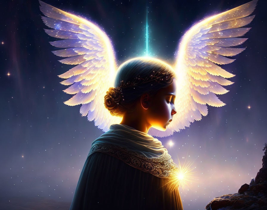 Person with glowing angel wings against starry night sky