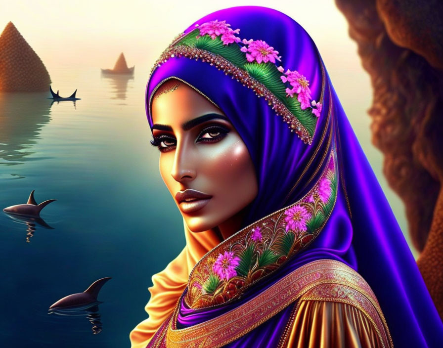 Vibrant purple and gold hijab portrait against evening seascape