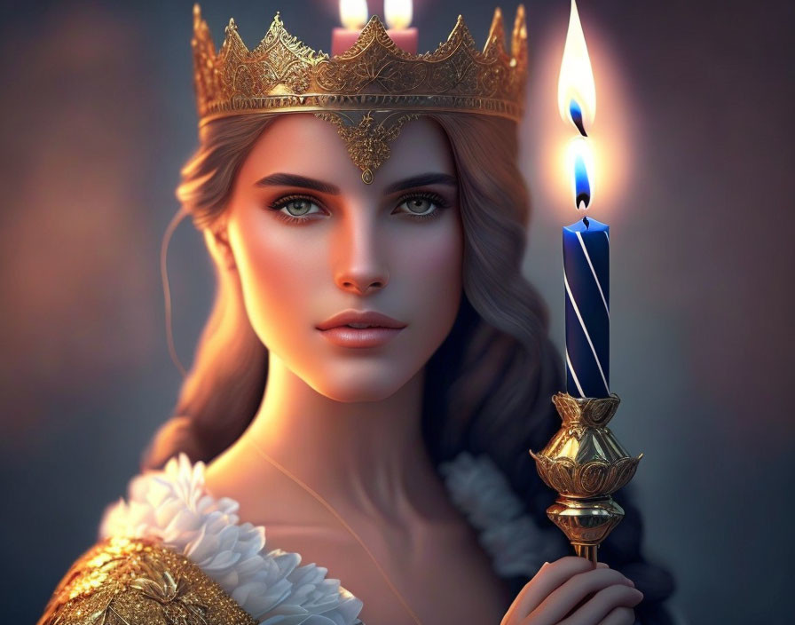 Detailed digital artwork of woman with gold crown holding lit candle