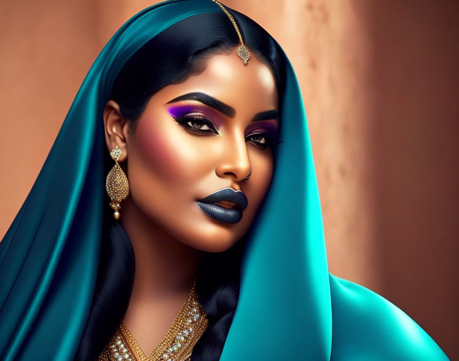 Woman with dramatic makeup and gold jewelry in turquoise fabric setting