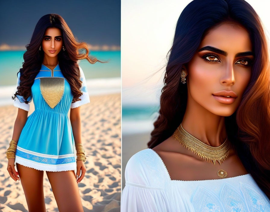 Two portraits of a woman with long dark hair in blue and white outfits by the sea.