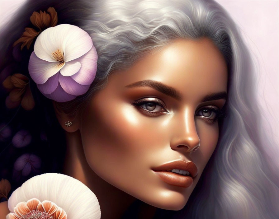 Silver-Haired Woman with Striking Eyes and Floral Adornments