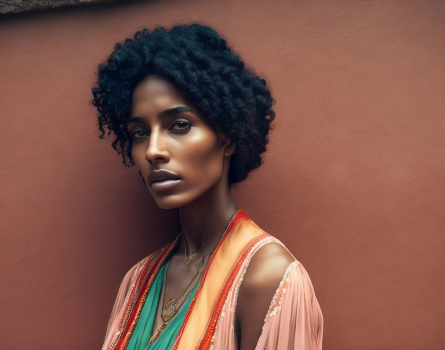 Curly Haired Woman in Peach Dress Leaning on Terracotta Wall