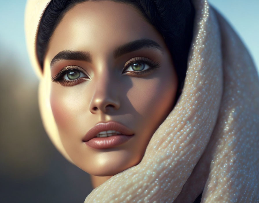 Portrait of a woman with green eyes, full lips, and headscarf showcasing detailed makeup.