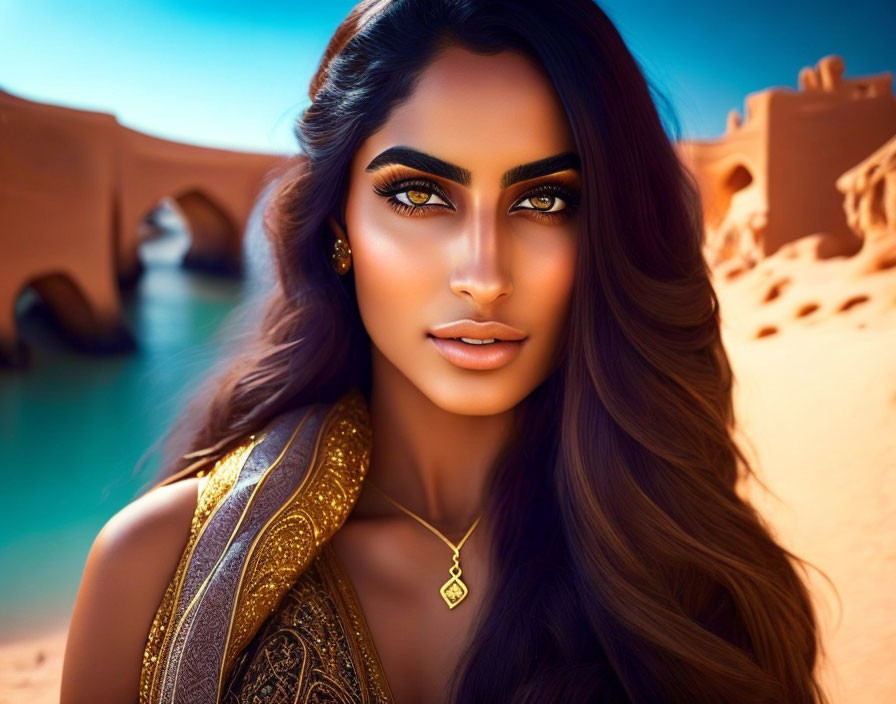 Woman with Striking Makeup and Dark Hair in Gold Accessories in Desert City