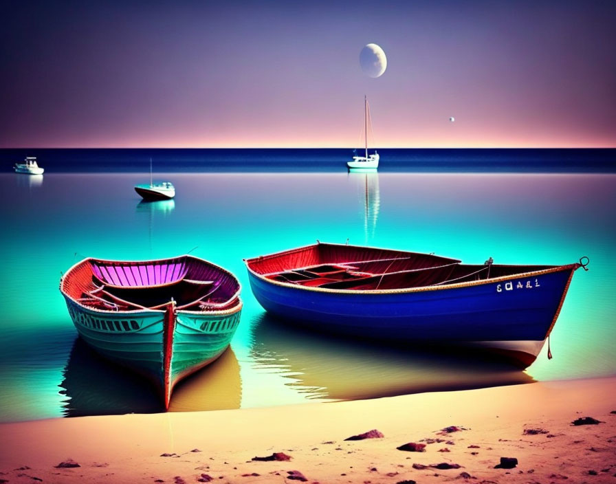 Tranquil dusk beach scene with colorful boats, full moon, and gradient sky