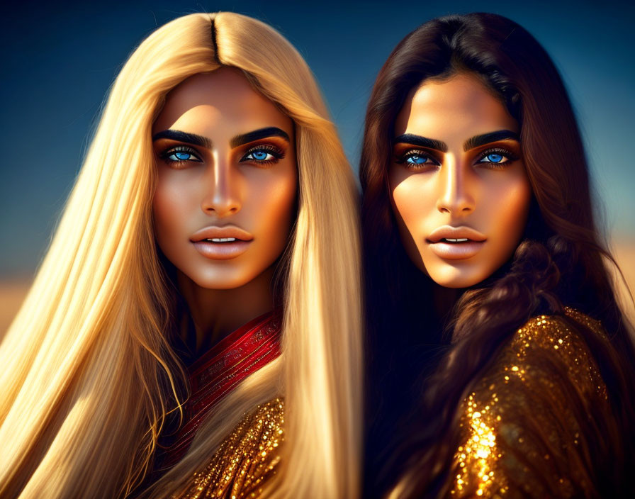 Two women with blue eyes in gold outfits on blue backdrop