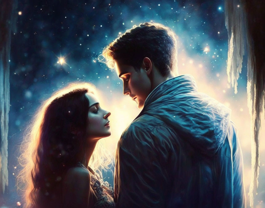 Man and woman in romantic tension under cosmic backdrop.