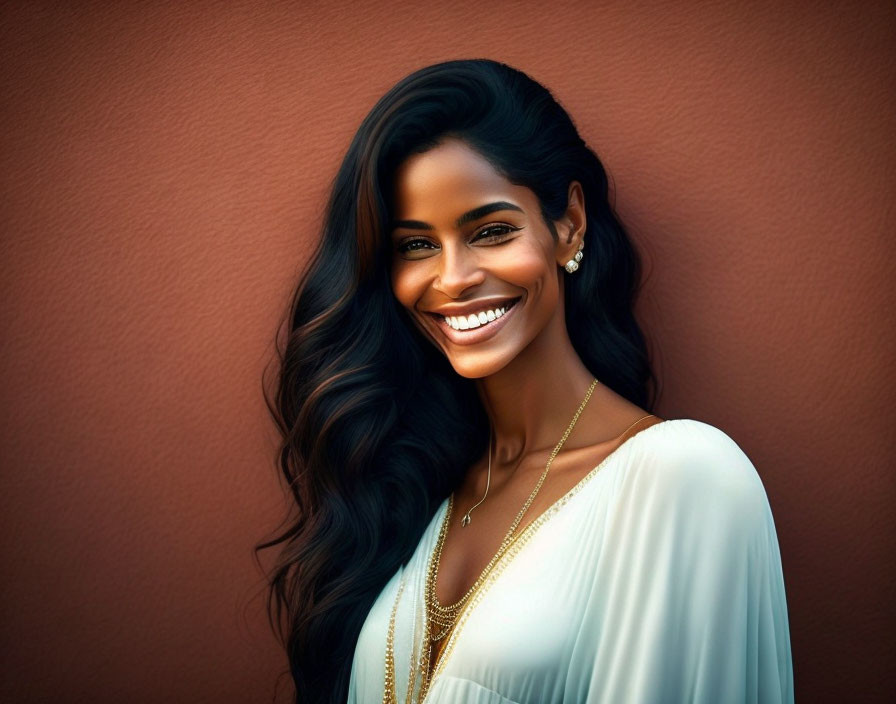 Smiling woman with dark hair in white top on terracotta background