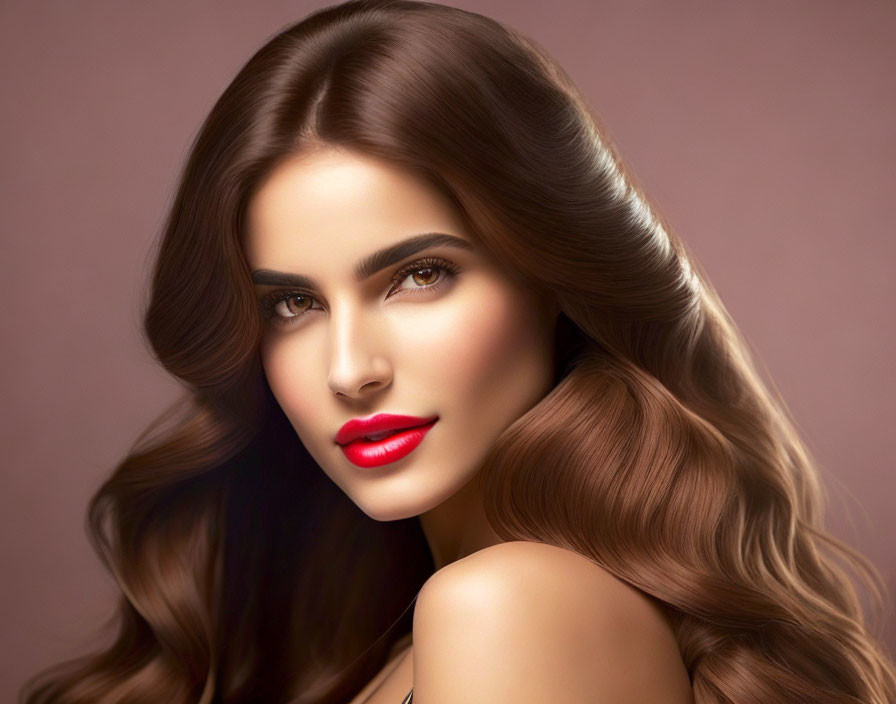 Digital artwork: Woman with voluminous brown hair, red lips, clear skin on brown background