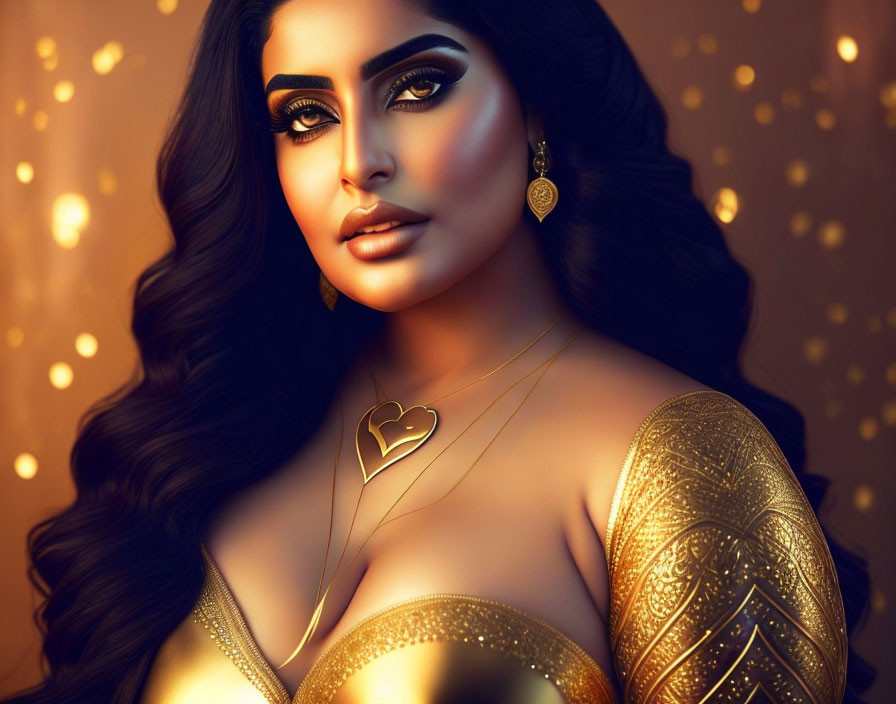 Digital Art: Woman with Striking Makeup and Gold Jewelry on Glowing Bokeh Background