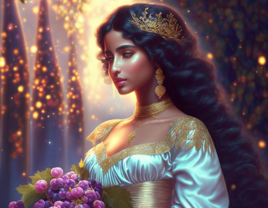 Digital art portrait of woman with long dark hair, crown, gold jewelry, holding grapes, in forest