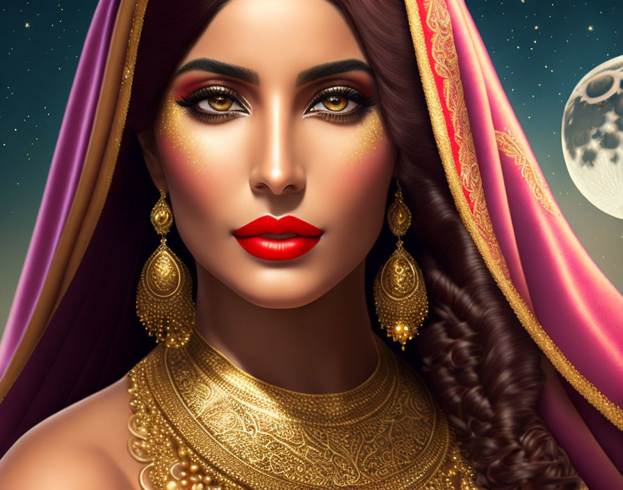 Digital artwork of woman with amber eyes, red lips, gold jewelry, draped in pink and purple fabric