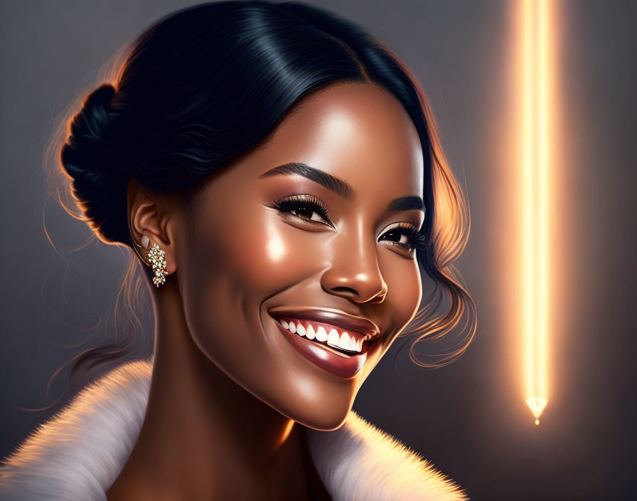 Smiling woman with bun hairstyle and fur collar in glowing light.