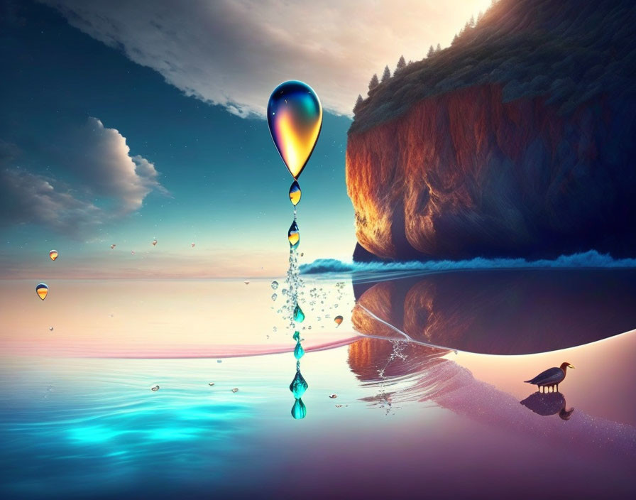 Surreal landscape with turtle, hot air balloon reflection, cliff, and sunset sky