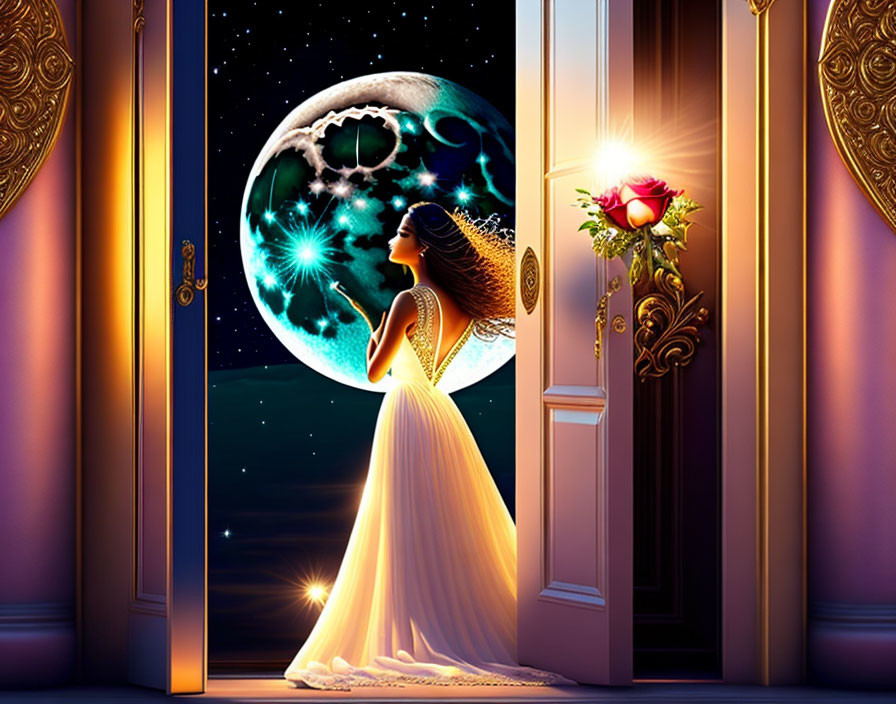 Woman in flowing gown gazes at full moon and stars from open door