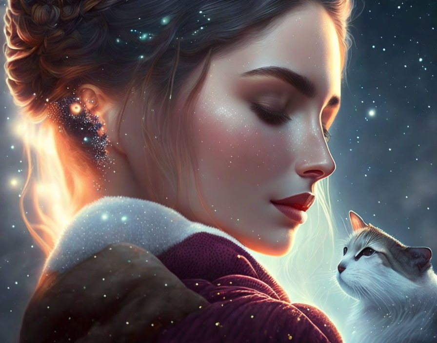 Woman with braid and cosmic hair theme holding a cat in celestial setting