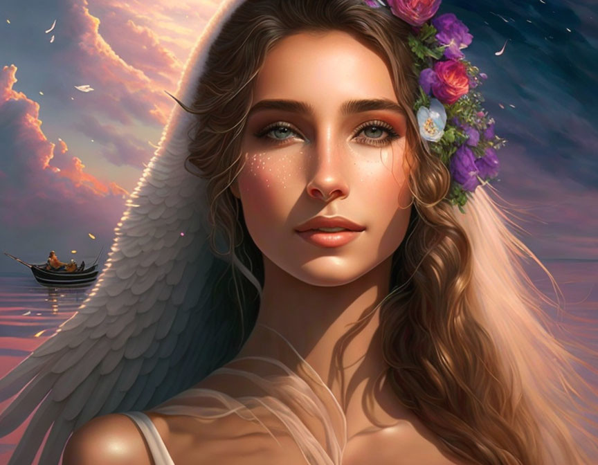 Digital artwork of woman with angel wings and floral headpiece under twilight sky