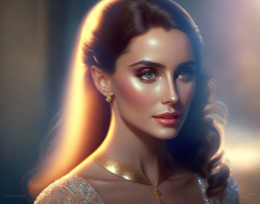 Digitally created portrait of woman with glowing skin and elegant makeup