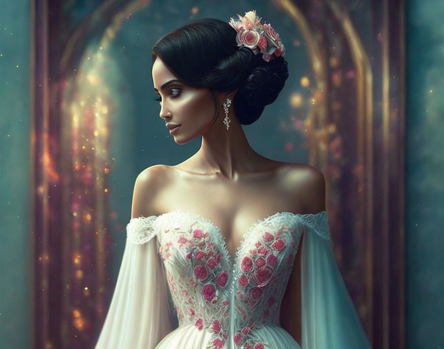 Woman in Off-Shoulder Gown with Floral Embroidery and Flower Adorned Hairstyle