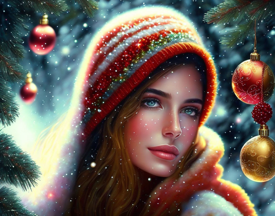 Woman in festive hat with snowflakes and Christmas ornaments.