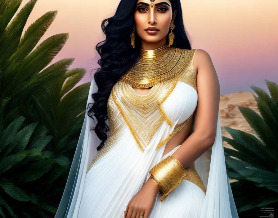 Digital artwork: Woman in white and gold attire, evoking ancient Egyptian royalty, set against desert and