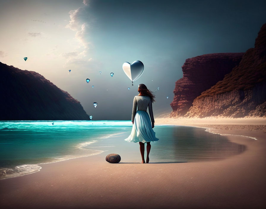 Woman in blue dress on beach with heart-shaped balloons and hat