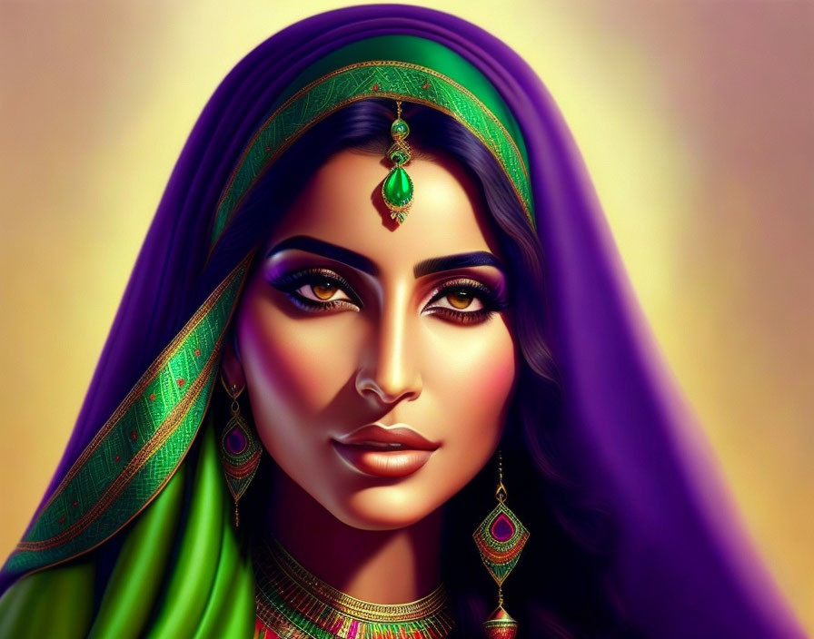 Portrait of woman with dark hair, tan skin, purple and green headscarf, gold jewelry