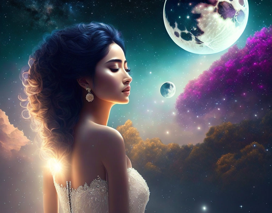 Woman in white dress contemplates cosmic scene with two moons and vibrant nebula