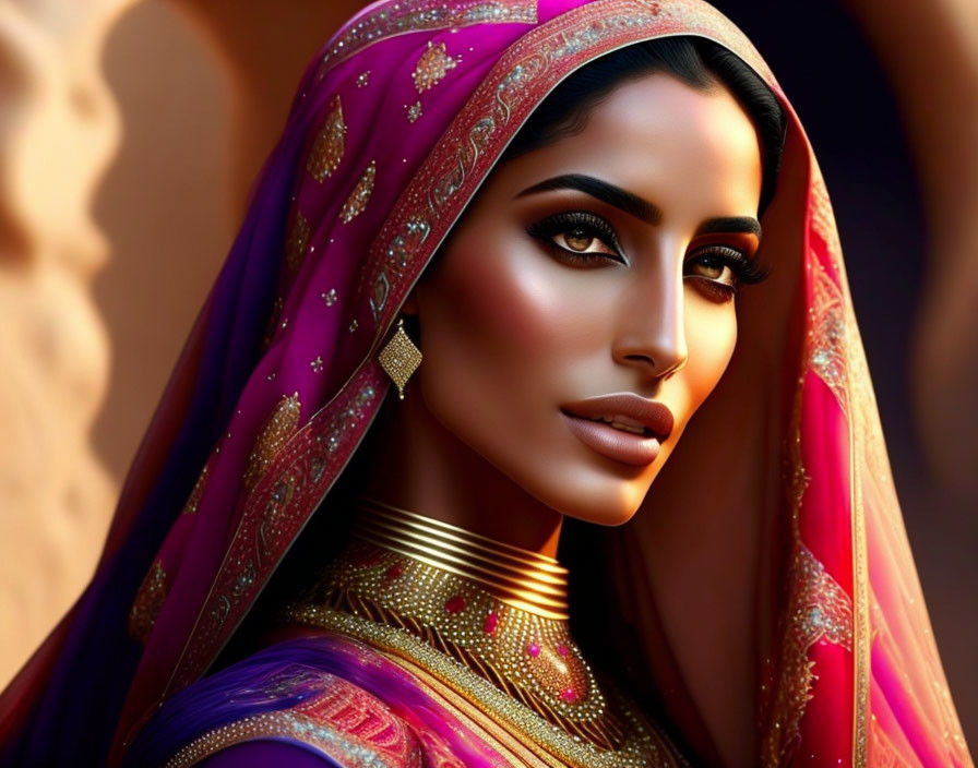 Striking South Asian woman in traditional attire with intense gaze