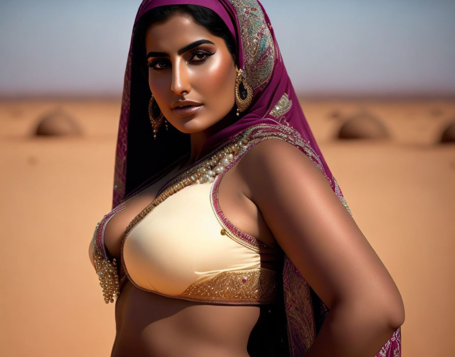 Woman in traditional attire with gold and purple veil against desert backdrop